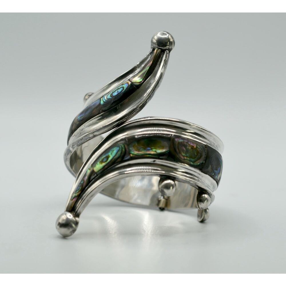 Vintage Balladares B Taxco Sterling Abalone Hinged Clamper Bracelet 44.5g Eagle3